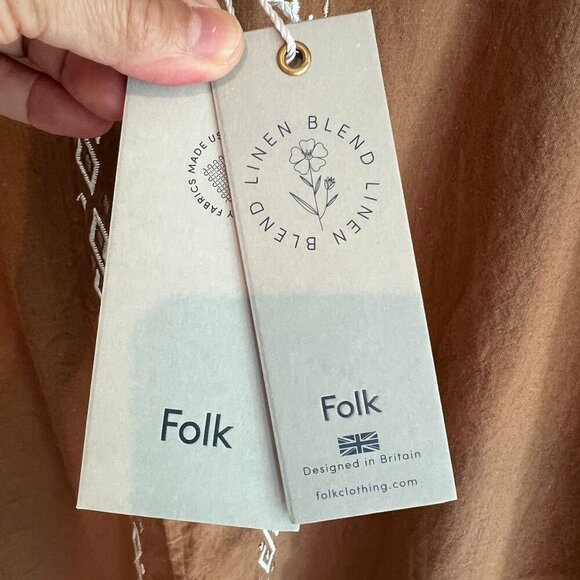 Folk Men's Maze Short Sleeve Chain Stitch Embroidery Shirt LARGE Tan Linen Blend - Picture 3 of 10